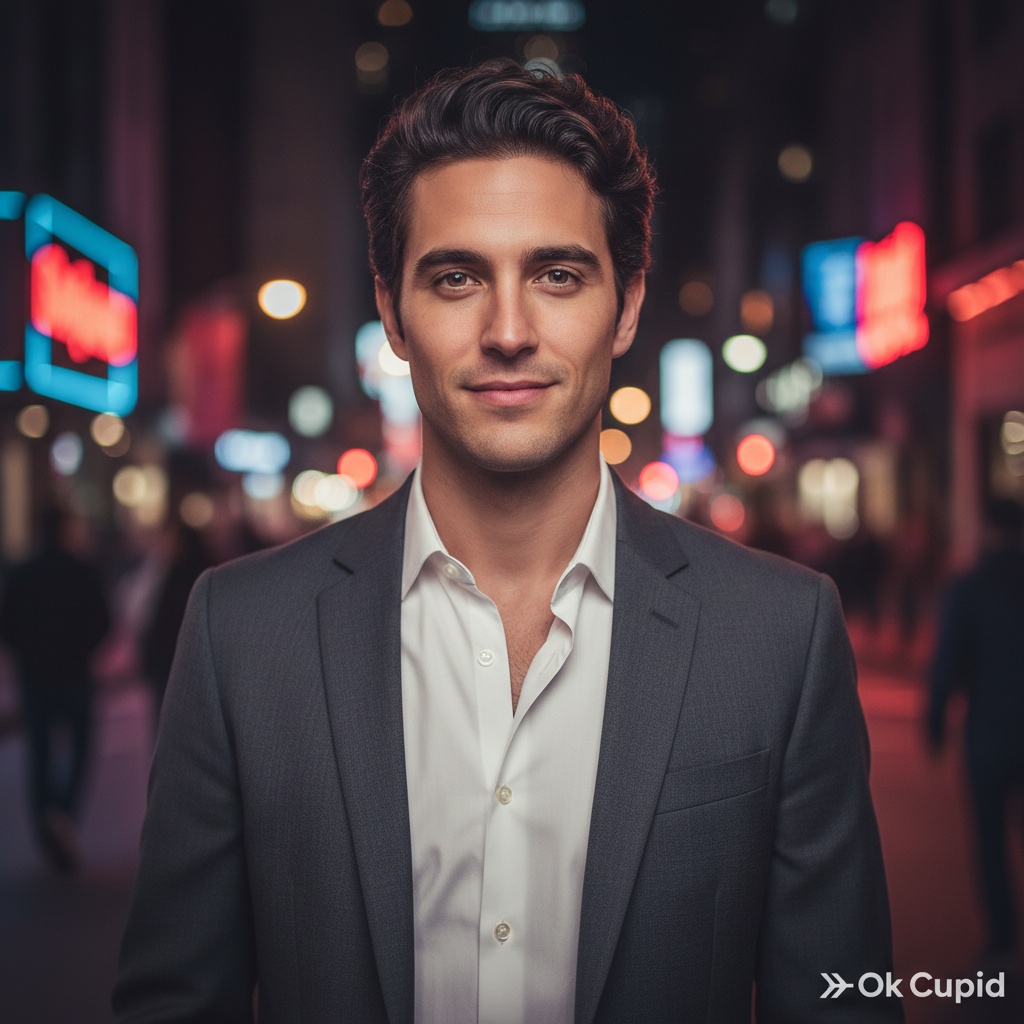 A striking male figure, John, aged 28, embodies the modern allure of contemporary dating through the lens of Ok Cupid. He stands confidently in an urban setting, dressed in a tailored charcoal blazer paired with a crisp white shirt, the top button undone for a relaxed yet sophisticated vibe. His dark hair is styled in a tousled, effortless manner, while his captivating brown eyes project a mix of warmth and intrigue. The backdrop captures the vibrancy of city life, with blurred neon lights creating a romantic, dreamlike atmosphere. The composition uses shallow depth of field to isolate John against the bustling environment, emphasizing his confident posture and charming smile. The lighting is soft yet defined, showcasing his features beautifully, evoking the excitement and possibility of modern romance.
