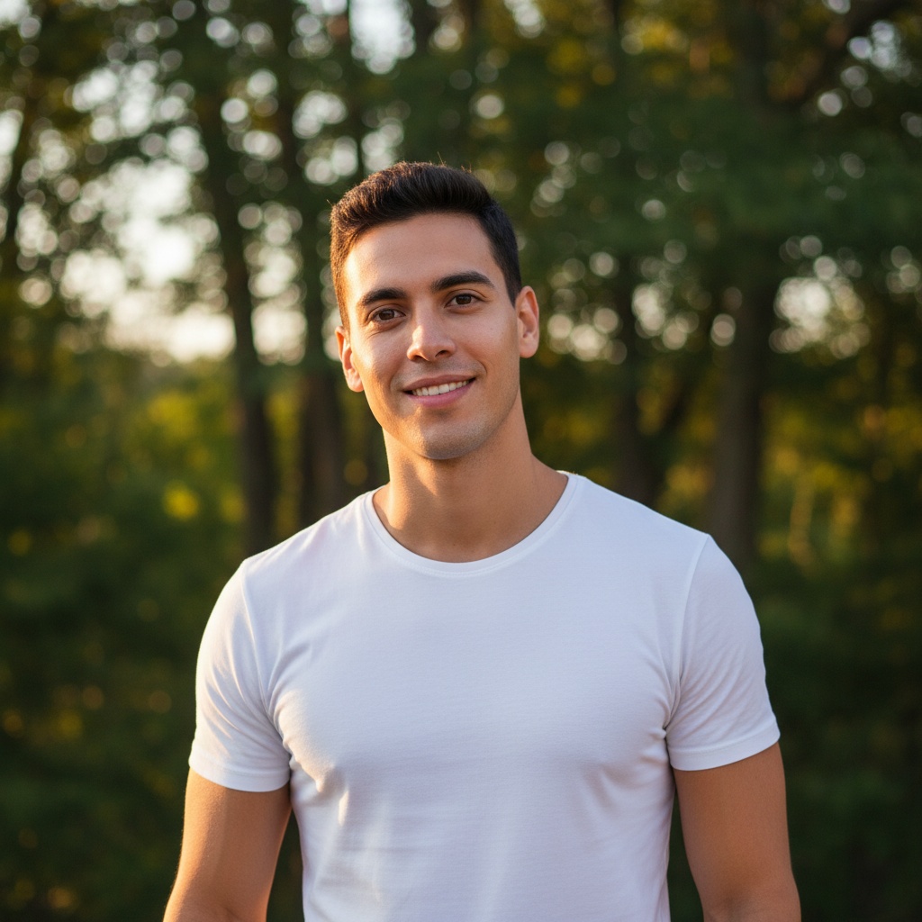 A captivating 25-year-old Latin male, David, embodies a modern romanticism in his Tinder profile photo. He is captured outdoors during golden hour, a warm sun casting a soft glow on his tanned skin, accentuating his chiseled jawline and expressive eyes. Dressed casually yet stylishly in a fitted white tee that highlights his muscular build, he stands against a lush green backdrop, exuding an inviting charm and approachable energy. His confident smile and relaxed posture suggest a playful charm, engaging the viewer directly as if they are embarking on a new adventure. The composition embraces a shallow depth of field to create a dreamy ambiance, with a subtle bokeh effect that isolates David's winning presence. The vibe is both aspirational and relatable, perfect for the contemporary dating scene.