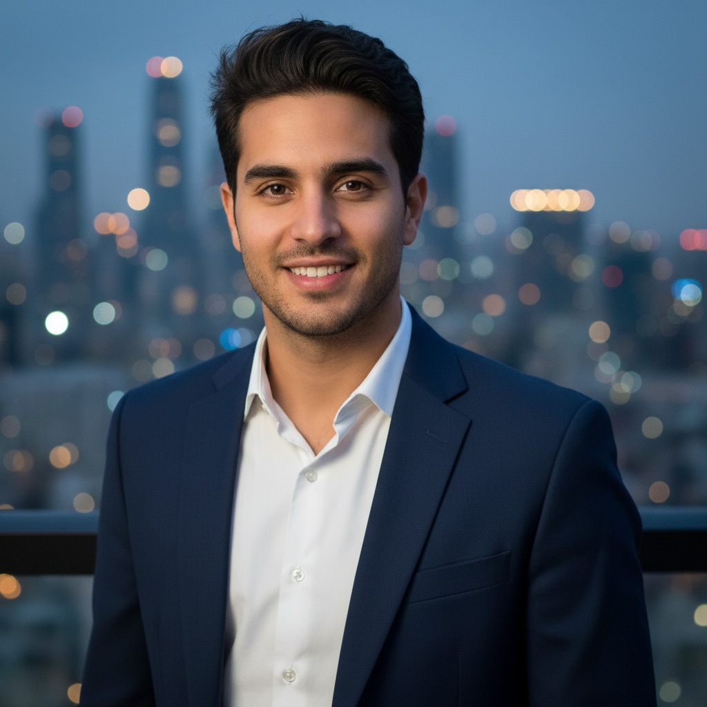 A charismatic 25-year-old Arab male, James, poses for a stylish Tinder profile shot. He wears a tailored navy blazer over a crisp white shirt, with the top button casually undone for a touch of relaxed sophistication. The background features a blurred cityscape at dusk, with twinkling lights creating a warm bokeh effect. His expression is inviting, showcasing a genuine smile that radiates confidence and approachability. Soft, natural lighting accentuates his features, while his tousled hair adds an effortless charm. This image encapsulates the modern essence of digital romance, making him the perfect candidate for a swipe right.