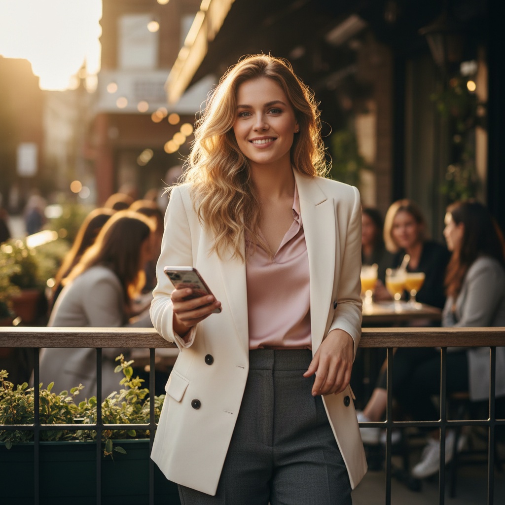 A striking 27-year-old woman, Emily, captured in an urban setting that embodies the essence of modern romance and digital connection. She is styled in a chic, tailored blazer over a soft silk blouse that gently drapes, paired with high-waisted tailored trousers, creating a polished yet approachable look. Her wavy, sun-kissed hair flows effortlessly over one shoulder, illuminating her graceful features. The background features a softly lit cafe patio, adorned with fashionable patrons and lush greenery, symbolizing the vibrancy of life. The pose is relaxed, with her leaning slightly against a rustic wooden rail, phone in hand, a warm, inviting smile that conveys both confidence and a hint of playful mystery, perfect for a Tinder profile shoot. Soft, golden hour lighting enhances the warm tones of her skin, creating a dreamy, romantic atmosphere that feels timeless yet contemporary.