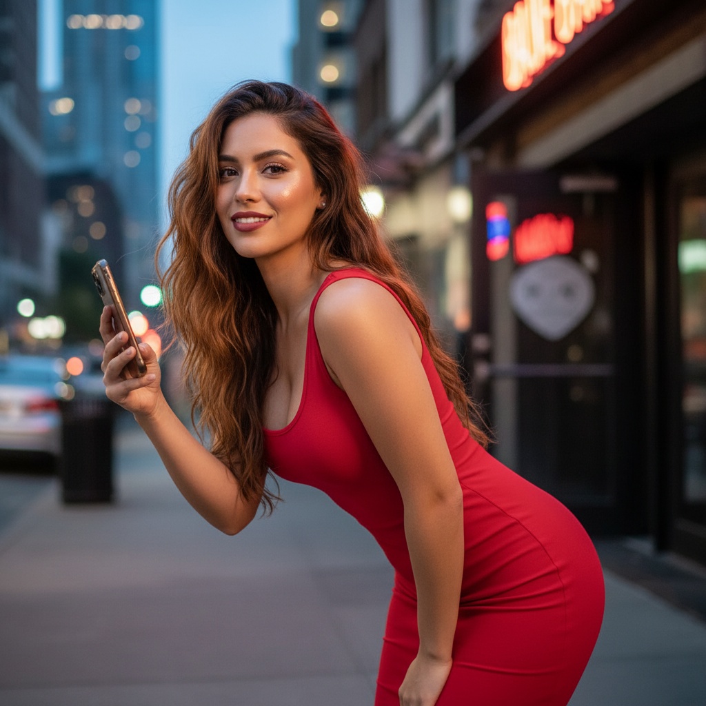 A striking Latina woman, Olivia, aged 29, posed in an urban setting that exudes the modern allure of the Tinder dating scene. She wears a fitted, vibrant red bodycon dress made from soft jersey fabric, accentuating her curves and radiating confidence. Her long, tousled waves cascade over her shoulders, while her makeup features a fresh glow with a hint of shimmering highlighter and a pop of berry lip color. The background is a stylish cityscape, softly blurred, with twinkling lights that evoke the excitement of a night out. Olivia's body language conveys playfulness, as she leans slightly forward, holding her phone with an inviting smile that captures the anticipation of forging new connections. The lighting is warm and inviting, creating an intimate atmosphere that captures the essence of modern romance.