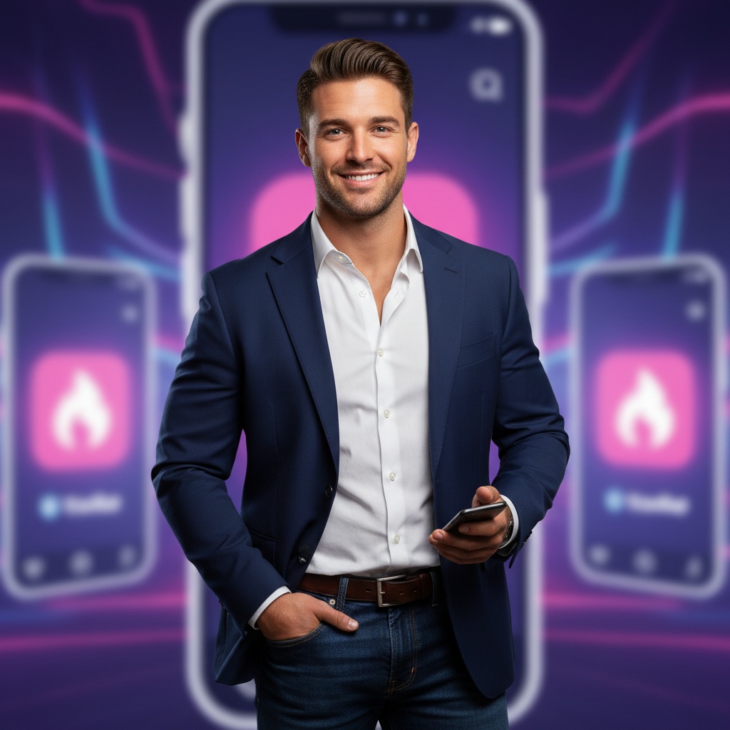 A striking male figure, John, aged 27, presenting himself confidently as the quintessential modern man amidst a Tinder-themed set. He is dressed in a tailored navy blazer over a crisp white shirt, paired with dark jeans that highlight his athletic build. The background features blurred smartphone screens and playful light motifs symbolizing dating apps, creating an inviting yet edgy atmosphere. His expression is charismatic, with a hint of a playful smirk as if he’s ready to spark a connection. The lighting is soft and flattering, enhancing his warm skin tone while casting delightful shadows that add dimension to the image. This portrait captures the essence of contemporary romance, inviting viewers into the intriguing world of modern dating.