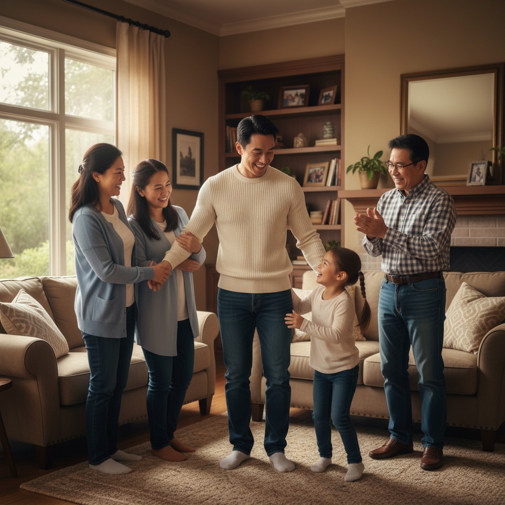 A 23-year-old Asian male, James, captured in a warm, inviting family setting. He stands in a cozy, sunlit living room, surrounded by his family members, each radiating joy and love. James is styled in a casual yet stylish outfit— a fitted cream sweater paired with dark jeans, embodying a relaxed charm. His expression is one of warmth, smiling brightly as he interacts playfully with a younger sibling. The composition creates a sense of unity and togetherness, with soft, natural light illuminating their faces, creating a nostalgic and heartfelt emotional resonance. The scene encapsulates the essence of family bonds, evoking feelings of comfort and connection.