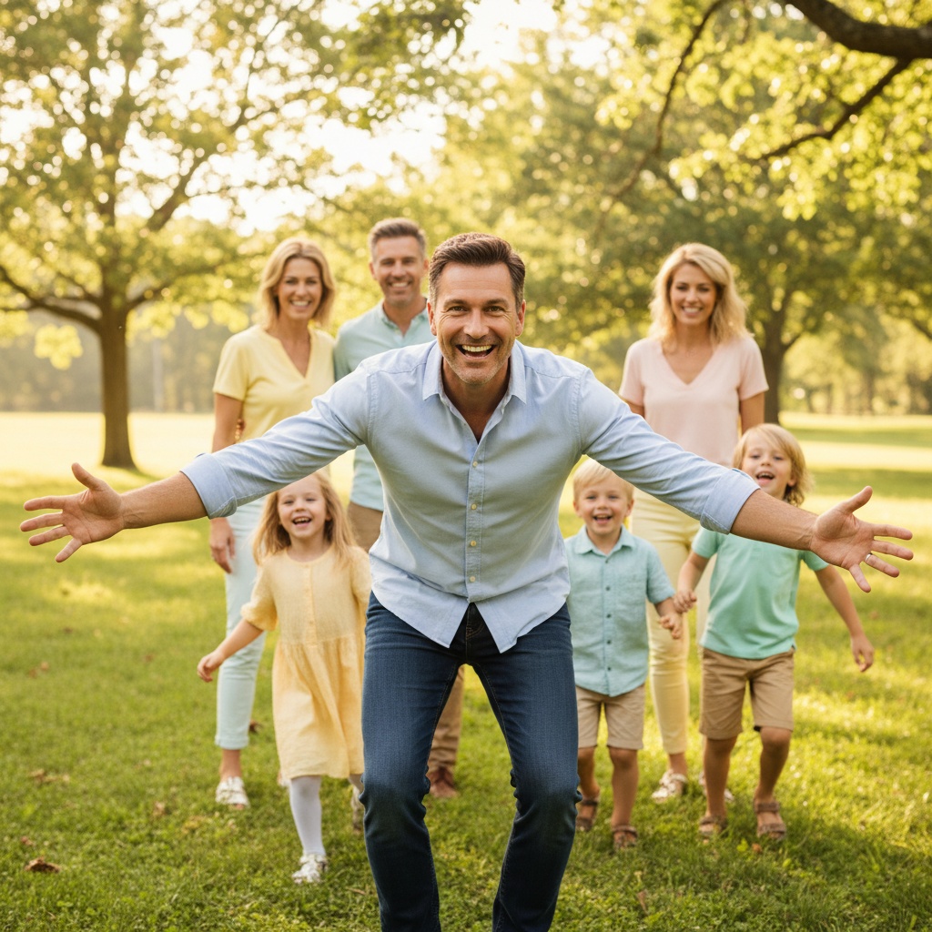 Cheerful family enjoying a sunny day in the park, with a father playfully welcoming his children and partner, surrounded by greenery and a relaxed atmosphere.