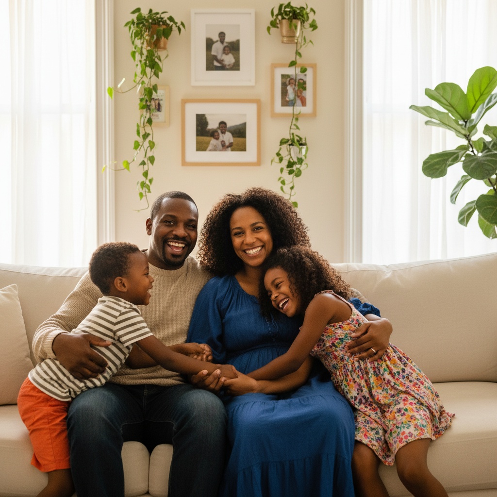 A happy family of four sitting together on a couch, smiling and enjoying each other's company in a well-lit living room with plants and framed photos in the background.