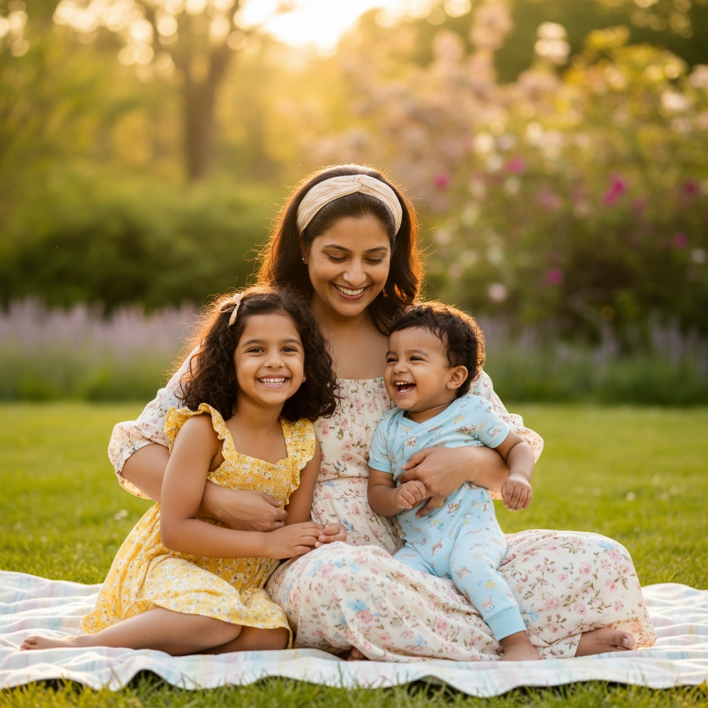 A happy mother sits on a picnic blanket in a sunlit garden, smiling with her two young children: a girl in a yellow dress and a boy in a blue onesie.
