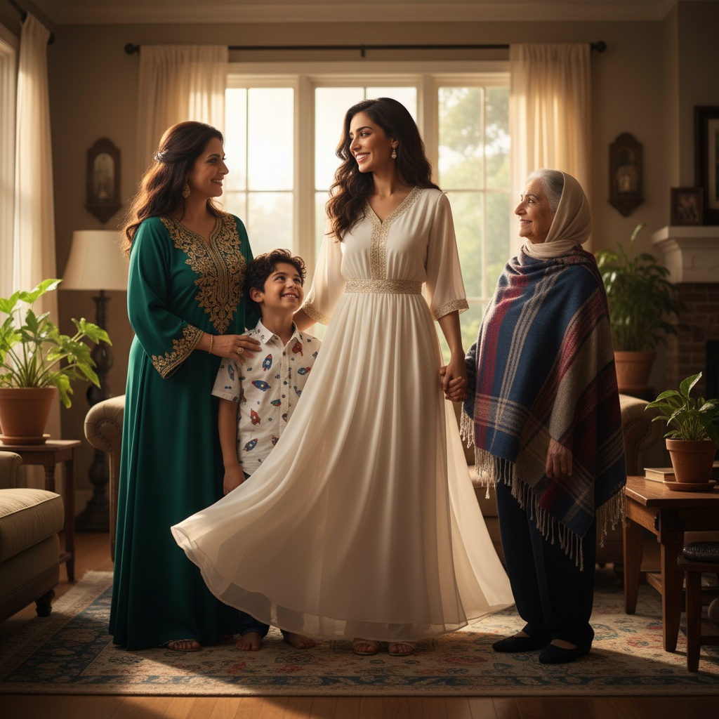 A heartwarming portrait of a 25-year-old Arab woman named Sarah, encapsulating the essence of family love and togetherness. She stands in a cozy living room filled with warm, natural light spilling through large windows. Adorned in a soft, ivory chiffon dress that flows delicately to the floor, her warm smile invites intimacy. Surrounding her are her family members, each showcasing unique styles that reflect their personalities—her mother in a rich emerald tunic adorned with intricate embroidery, her younger brother in a playful shirt, and her grandmother draped in a traditional shawl. The composition balances the emotions of connection and joy, with Sarah positioned center-stage, radiating an aura of strength and nurturing, embodying the heart of the family. The lighting creates a golden hour glow, enhancing the warmth and love in the scene.
