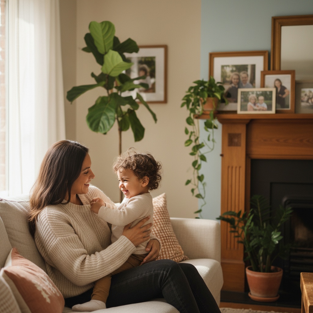 A smiling mother holding her joyful young child on a cozy sofa, surrounded by plants and family photos in a warmly decorated living room.