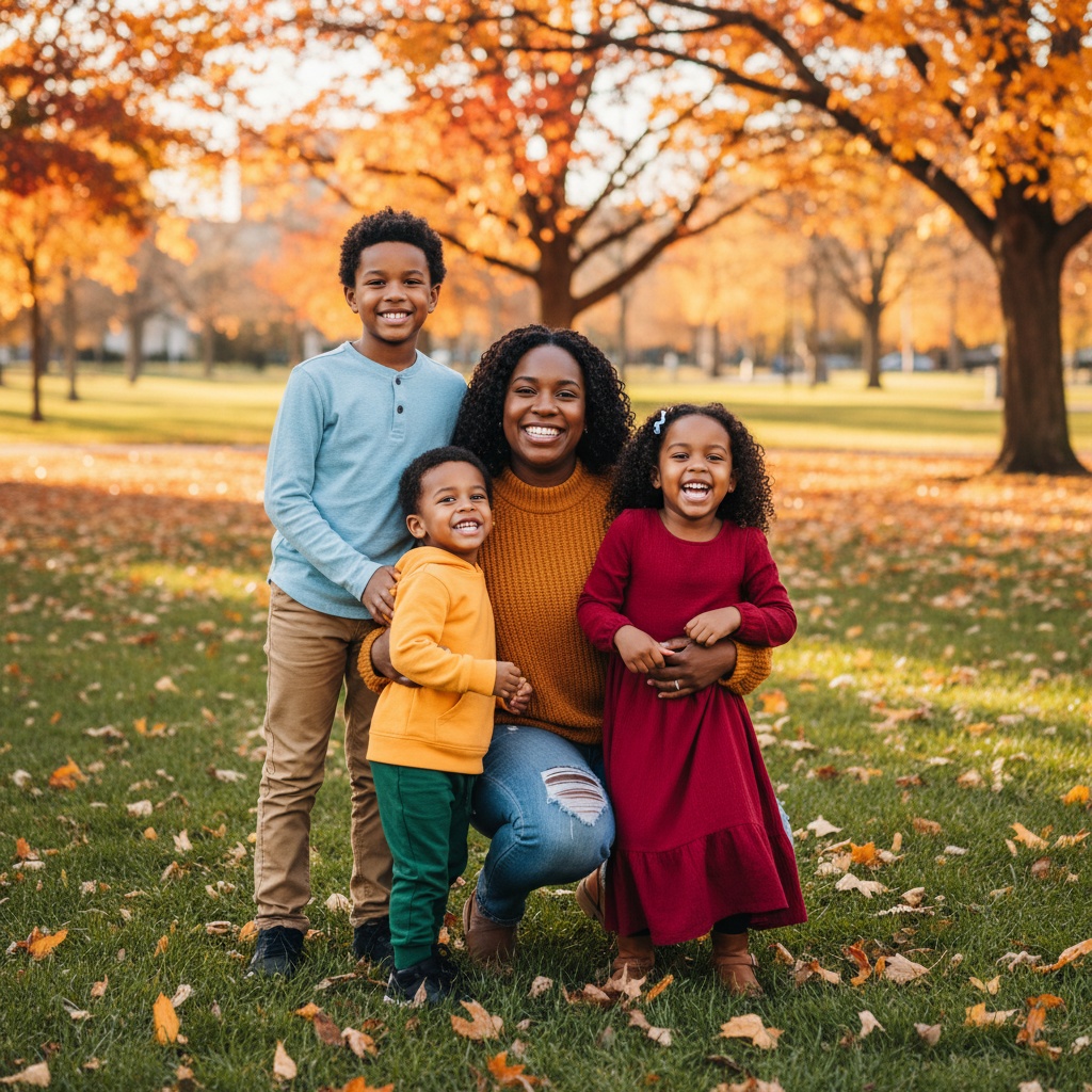 Smiling mother and three children posing together in a vibrant autumn park, surrounded by colorful foliage and fallen leaves.