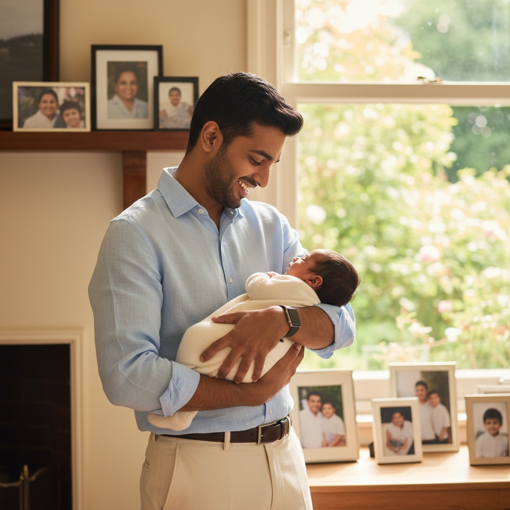 A charming portrait of a 25-year-old Indian male, Michael, radiating warmth and connection in a family setting. He stands in a sunlit living room adorned with family photographs, embodying the essence of familial love and support. Dressed casually in a soft pastel shirt and tailored trousers, he holds an infant in his arms, cradling the baby against his chest with utmost tenderness. His expression is a blend of joy and pride, capturing a candid, heartwarming moment. The background features lush greenery visible through a large window, enhancing the feeling of comfort and home. The composition artfully balances color and light, evoking a sense of nostalgia and belonging, perfect for contemporary family portraiture.