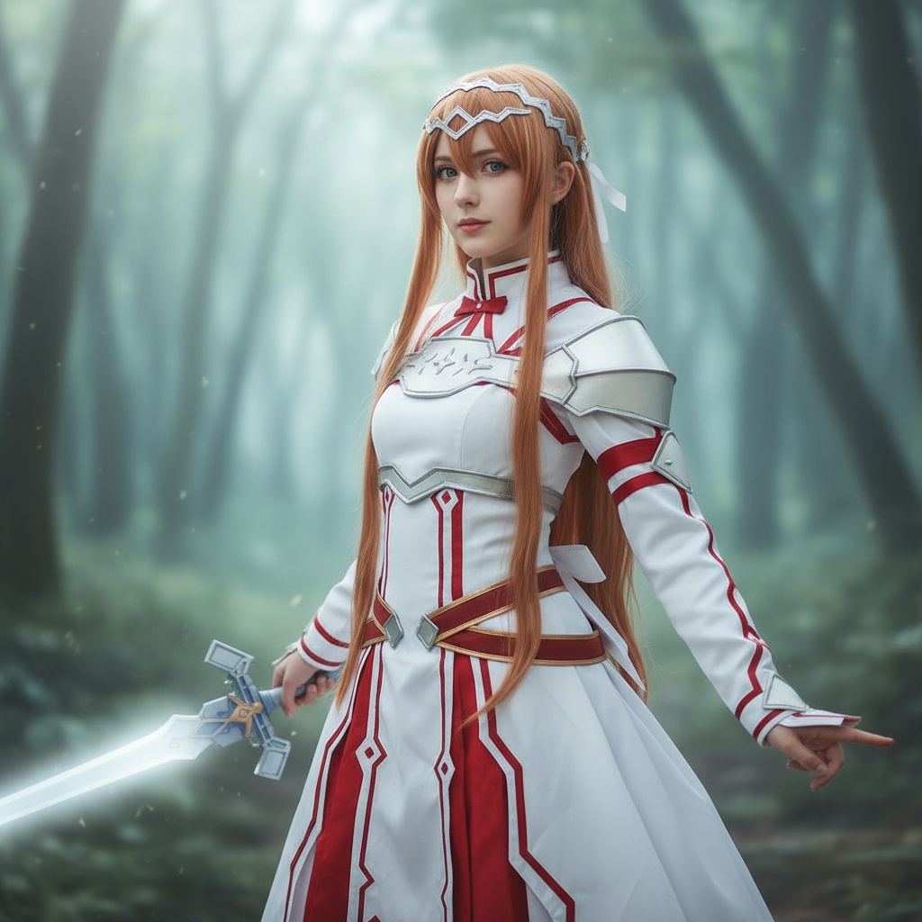 A 23-year-old female, Olivia, embodying Asuna Yuuki from Sword Art Online. She is a realistic human wearing a detailed replica of Asuna's iconic outfit, featuring a fitted white and red dress adorned with intricate lacework and armor accents. Her long auburn hair flows freely, accentuated with a delicate headpiece reminiscent of a knight’s, and she holds a shimmering sword that reflects light beautifully. The background is a serene fantasy landscape with a soft focus that hints at an enchanted forest, creating an ethereal atmosphere. The lighting is soft and magical, enhancing the enchanting quality of her character. The pose is dynamic, with her stance suggesting readiness for adventure while radiating grace and strength, exuding an aura of determination and heroism.