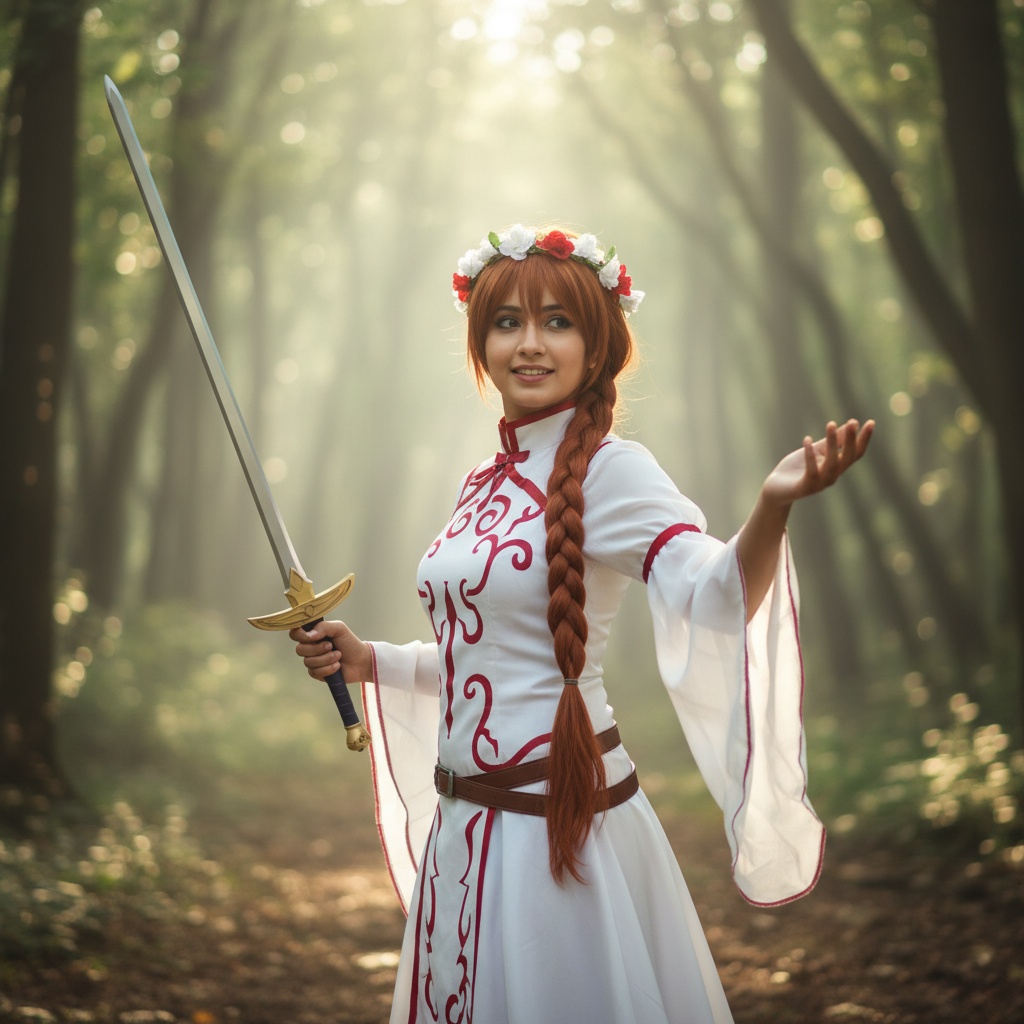 A 23-year-old Indian woman, Olivia, boldly role-playing as Asuna Yuuki from the anime Sword Art Online. She wears a stunning, hyper-realistic medieval fantasy outfit featuring a fitted white dress with intricate red accents and flowing chiffon sleeves. Her long, chestnut hair is styled in a sleek braid adorned with a delicate flower crown. The setting is an enchanting forest glade, with rays of sunlight filtering through the trees, creating an ethereal atmosphere. Olivia's pose is dynamic, one hand confidently holding a sword while the other is raised with a gentle smile, embodying both strength and grace. The image evokes a sense of adventure and fantasy, emphasizing the character's fearless spirit in a hyper-realistic, detailed style.