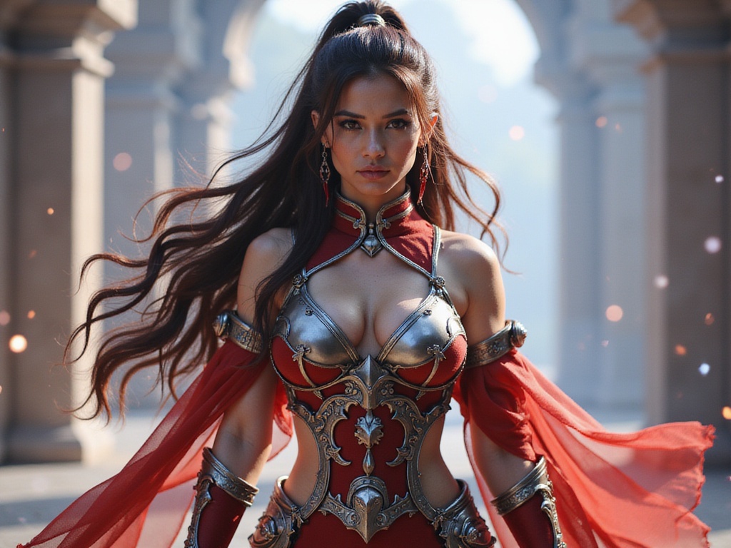 A stunning 24-year-old female, Olivia, embodying Asuna Yuuki from Sword Art Online, with Indian features. She wears a meticulously crafted, hyper-realistic costume complete with intricately designed armor pieces in haunting hues of crimson and silver, adorned with elaborate detailing and flowing chiffon fabric that mimics Asuna's signature look. Her long hair cascades in chestnut waves, styled into a half-up ponytail, accentuating her determined expression. The background is a digitally created ethereal fantasy landscape reminiscent of a game world, with soft glows and luminous elements enhancing the magical ambiance. The photograph captures an epic moment, evoking a sense of adventure and strength, as Olivia's pose reflects the character's poised dynamism, ready for action amidst a breathtakingly detailed setting.