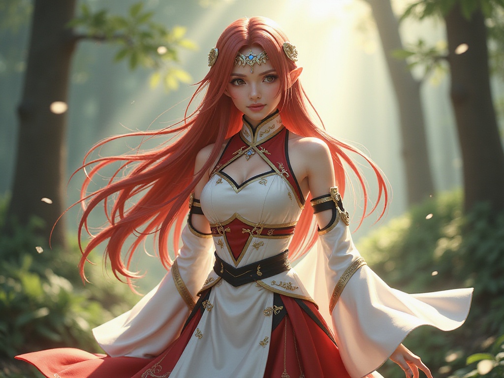 A 26-year-old Indian woman, Sarah, role-playing as Asuna Yuuki from the anime Sword Art Online, depicted in a hyper-realistic style. She wears a finely detailed, traditional Asuna costume featuring a white and red form-fitting dress with intricate designs and flowing accents. Her long, flowing hair, adorned with a headpiece, cascades gracefully around her shoulders. The setting showcases a beautiful, enchanted forest scene, filtered sunlight streaming through the trees, enhancing the magical atmosphere. Her pose conveys a sense of determination and grace, reminiscent of a warrior ready to engage in adventure. The image captures both the character's spirit and a realistic interpretation, making it visually enchanting and culturally resonant.