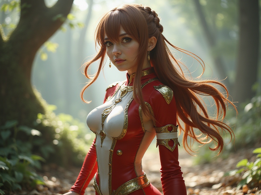 A 27-year-old Latin woman, Olivia, brilliantly role-playing as Asuna Yuuki from Sword Art Online. She is depicted in a hyper-realistic fantasy setting, wearing a stunning, intricately designed red and white bodysuit adorned with gold accents, reflecting Asuna's iconic style. Olivia's long, chestnut hair flows elegantly, styled in a loose braid with strands framing her face, capturing the character's fierce yet graceful demeanor. The backdrop features a lush, enchanting forest, with ethereal light filtering through the trees, enhancing the magical atmosphere. The pose is dynamic, suggesting readiness for action, embodying strength and serenity in every detail. The image showcases her powerful presence while paying homage to the beloved character, perfect for an editorial spread.