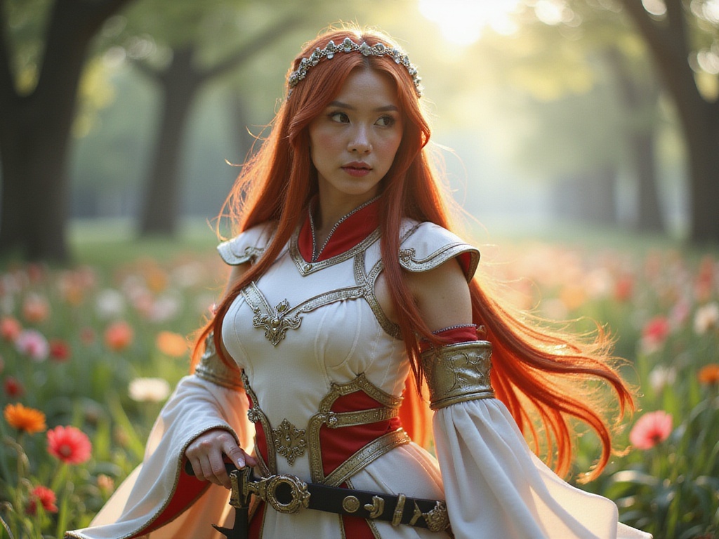 A 28-year-old Asian woman, Jane, role-playing as Asuna Yuuki from Sword Art Online. She stands poised in a lush, fantasy outdoor setting filled with vibrant flowers and a soft, glowing light filtering through the trees. Jane is adorned in a meticulously crafted, hyper-realistic replica of Asuna's iconic armor, featuring flowing white fabric and intricate red accents. Her long, auburn hair cascades down her back, complemented by a delicate tiara that adds a touch of elegance. Her stance conveys both strength and grace, with one hand resting on her sword, poised for action. The setting enhances the magical ambiance, while natural lighting creates a warm and enchanting atmosphere, accentuating the details of her costume and the depth of her character. This image seamlessly combines realism with fantasy, capturing the essence of a beloved character in a breathtaking visual narrative.