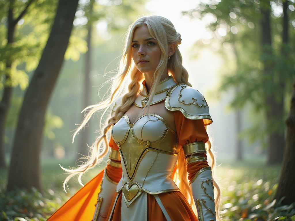 A female model, Sarah, aged 28, portrayed as Asuna Yuuki from Sword Art Online. She stands in a lush, vibrant forest setting, surrounded by ethereal sunlight filtering through the trees. Sarah wears a detailed replica of Asuna’s iconic armor, crafted from shimmering white and orange layers with intricate gold embellishments. Her long, flowing hair is styled in a braid, accentuated by delicate accessories that mirror Asuna's character. The pose captures an expression of determination and grace, echoing the warrior spirit of Asuna while embodying a sense of strength and poise. The atmosphere is magical, creating a perfect blend of fantasy and realism, highlighted by soft, diffused lighting that enhances the natural beauty of the scene.