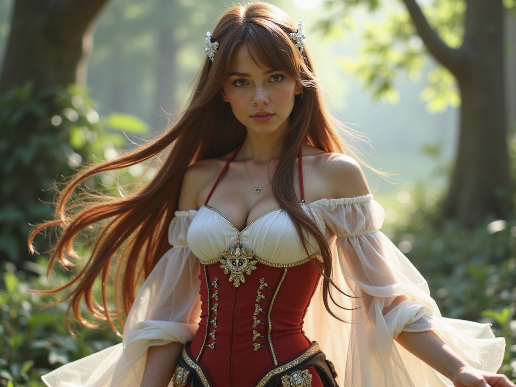 A hyper-realistic portrayal of a 24-year-old female, Jane, role-playing as Asuna Yuuki from Sword Art Online. She embodies the character with realism, clad in a form-fitting, intricately detailed white and red battle outfit, including a faux leather corseted bodice and flowing tulle cape. Her long, chestnut brown hair cascades down her back in sleek waves, accented by a delicate hairpiece that captures the ethereal essence of Asuna. Set against a lush, enchanted forest background that features dappled sunlight filtering through the trees, the composition suggests a dynamic but serene moment. The lighting gently highlights her features while hinting at the adventure of her character's journey. The pose conveys both strength and grace, perfectly capturing the essence of a strong heroine, all while retaining an air of fantasy and vibrancy. The image celebrates cultural diversity with Jane's Latin heritage, adding depth to the character portrayal.