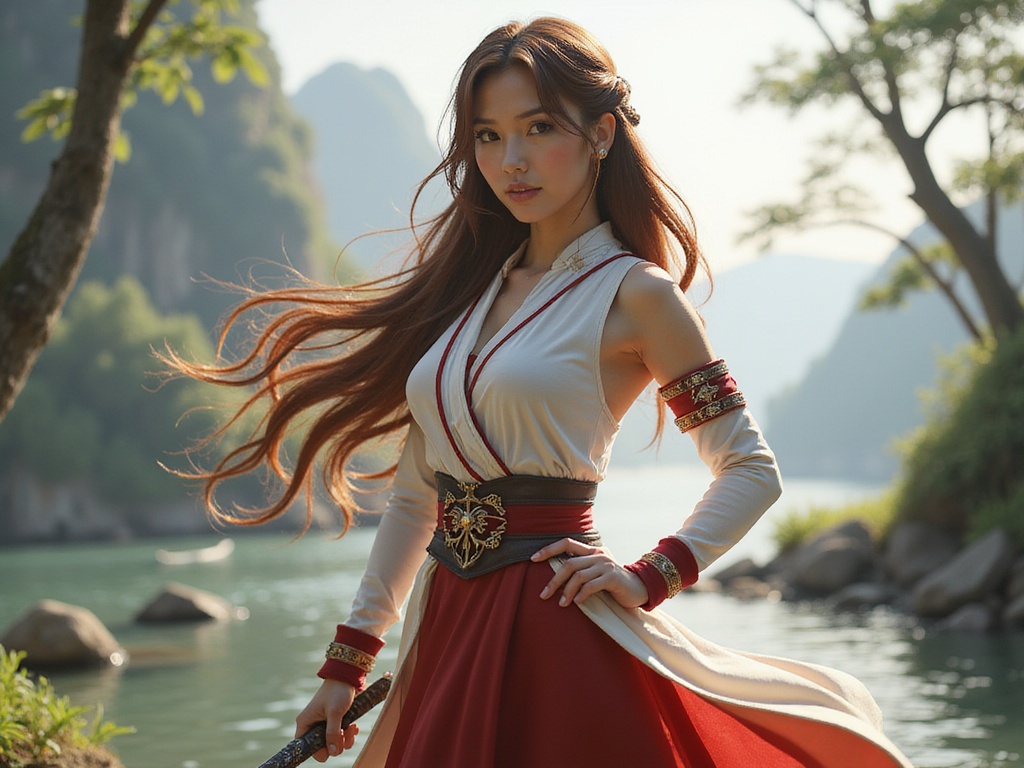 A 24-year-old Latina woman, Olivia, role-playing as Asuna Yuuki from Sword Art Online. She is depicted in a hyper-realistic style, wearing a detailed costume that features a white tunic with red accents and a flowing red skirt. Her long, chestnut hair cascades in waves, partially braided, capturing the ethereal charm of the character. The setting reflects the serene, lush landscapes of the game world, with fantasy elements merging seamlessly into the background. Soft, diffused lighting enhances her features, giving an enchanting and mystical aura, while her pose conveys both strength and grace—one hand resting on her hip and the other poised as if ready for battle. This image transports viewers into a realm of adventure and heroism. ROLE-PLAYING HYPER-REALISTIC