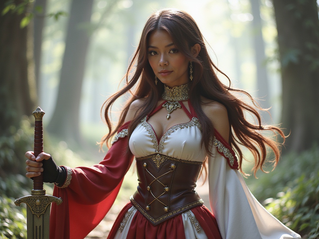 A 23-year-old Black female, Sarah, role-playing as Asuna Yuuki from Sword Art Online in a hyper-realistic portrayal. She wears a beautifully detailed, intricately designed white and red battle dress with flowing sleeves, complete with a faux leather corset that cinches her waist. Her long, chestnut hair cascades in soft waves down her back, complemented by a pair of elegant swordplay gloves. The backdrop features a fantasy realm, reminiscent of an enchanted forest with soft, ethereal lighting creating a dreamy atmosphere. Her pose displays confidence and determination, holding a sword with one hand, as if ready for action, while her expression conveys both strength and grace. The image embodies the spirit of a fearless warrior in a captivating world.