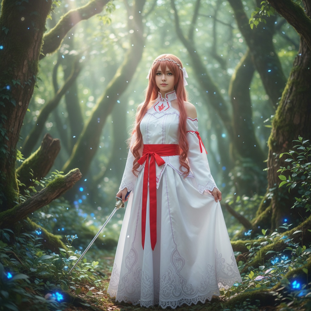 A 23-year-old female named Sarah, portraying Asuna Yuuki from the popular series Sword Art Online. She stands in a lush, enchanted forest setting, surrounded by ethereal light filtering through the leaves. Sarah wears a meticulously crafted Asuna costume, featuring a flowing white dress with intricate lace detailing and a vibrant red ribbon accentuating her waist. Her long auburn hair cascades in soft waves down her back, adorned with a delicate headpiece that echoes the character’s emblem. The pose captures strength and elegance, with her hand positioned on the hilt of a sword at her side, exuding a quiet confidence. The composition utilizes soft, diffused lighting to evoke a dreamlike atmosphere, highlighting her features and the magical environment around her, evoking the essence of a fantasy realm.
