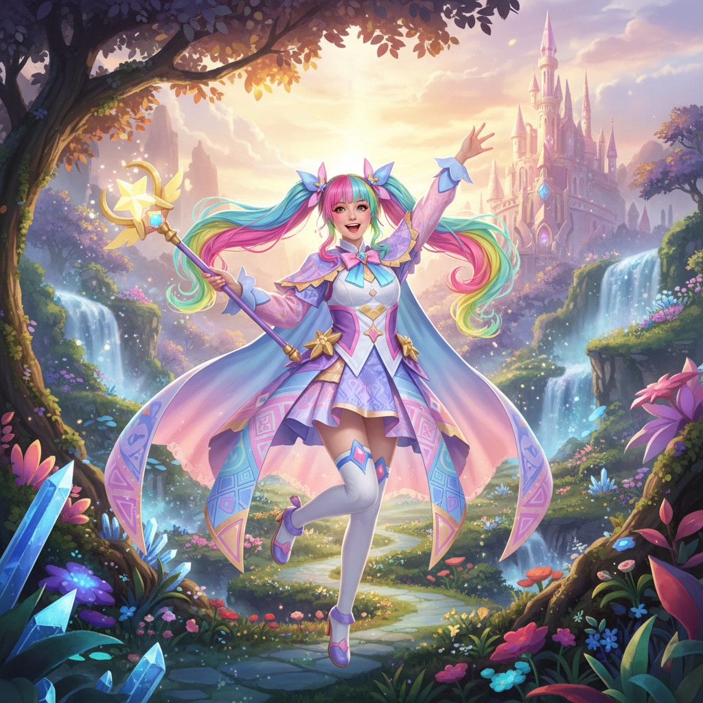 A 24-year-old female, Emily, is featured in a stunning ROLE-PLAYING, HYPER-REALISTIC portrayal of an anime character, embodying a vibrant and energetic persona. She wears a colorful, intricately designed costume made of layered chiffon and satin, combining pastel colors with bold patterns that reflect the whimsy of anime art. Emily's hair is styled in voluminous, bright rainbow hues, blending pinks, blues, and purples, adorned with playful accessories that enhance her character's playful spirit. The setting is a fantastical world filled with lush greenery and glittering elements, capturing the essence of an animated universe while retaining a realistic texture and detail in the surroundings. The lighting is bright and cheerful, evoking a sense of adventure and fun, while her expression conveys joy and excitement, making her a captivating focal point in this fantasy scenario.