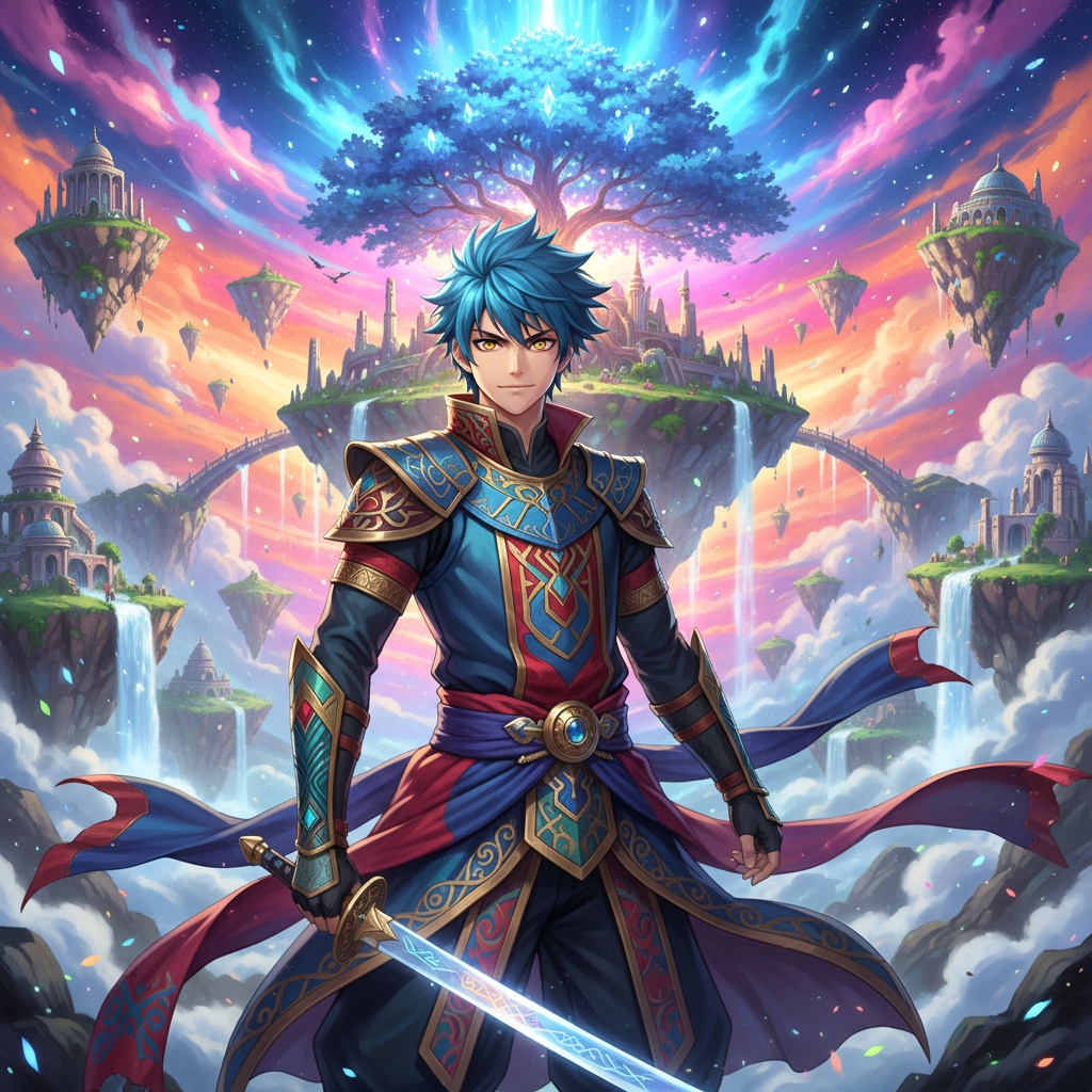 A 24-year-old male, John, role-playing as an anime character, set against a vibrant and fantastical backdrop inspired by popular anime worlds. He wears a detailed costume featuring intricate patterns and vivid colors that reflect a Middle Eastern influence. His hair is styled in a dramatic, spiky fashion, and his expression is bold, capturing the adventurous spirit typical of anime heroes. The environment is filled with dynamic elements like floating islands and colorful skies, enhancing the fantasy feel of the scene. This is a ROLE-PLAYING, HYPER-REALISTIC depiction of a young man embodying the essence of anime aesthetics.