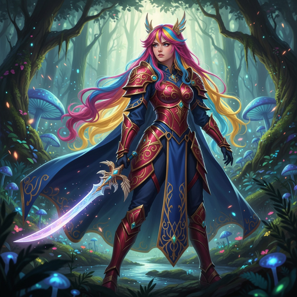 A young woman, Emily, aged 25, ROLE-PLAYING as a vibrant anime character, embodying the spirit of a fierce warrior princess. She stands in a lush, fantastical forest setting, adorned in a colorful, intricately designed costume featuring rich jewel tones with intricate embroidery. Emily’s long, flowing hair cascades down her back in vibrant shades, echoing the vivid aesthetic of anime style. Her expression is one of determination, embodying the strength and heroism of her character, while holding a beautifully crafted sword that gleams in the dappled sunlight filtering through the trees. The overall atmosphere is magical and dynamic, reflecting the essence of anime artistry in a HYPER-REALISTIC depiction.