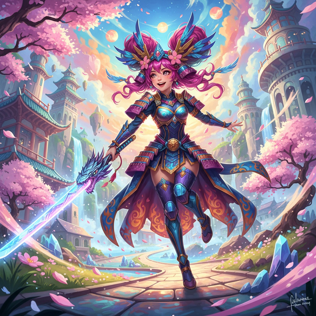 A 27-year-old female, Olivia, ROLE-PLAYING as an anime character, dressed in a vibrant, intricately detailed costume featuring bold colors and dramatic patterns. Her hair is styled in large, animated curls, accented with oversized accessories that enhance her character's flair. The environment is a fantasy setting reminiscent of classic anime, filled with colorful backdrops and whimsical elements like cherry blossoms and stylized architecture. Her expression is dynamic and lively, capturing the essence of anime artistry through hyper-realistic styling. The lighting is bright and expressive, highlighting the fluidity and energy of her pose, evoking an animated yet realistic portrayal.