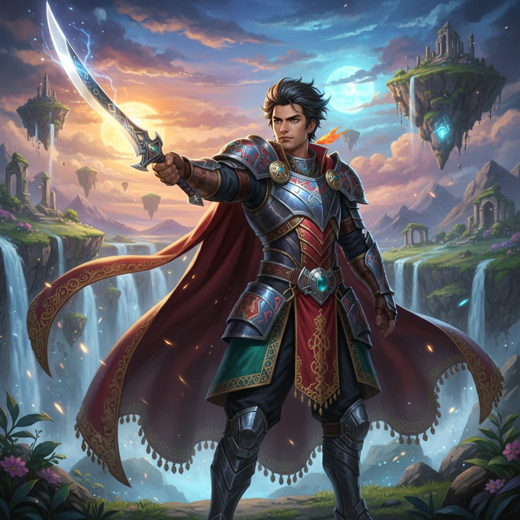 A 29-year-old male role-playing as an anime character, Michael, set within a fantastical anime landscape. He has Middle Eastern features, wearing elaborate, colorful armor inspired by traditional designs, complete with flowing ornate capes and intricate patterns. His hair is styled in a dynamic fashion, reminiscent of classic anime aesthetics, featuring vibrant highlights. Vivid colors in the background enhance the vibrant energy of the scene, with fantastical elements like floating islands and luminous skies creating an immersive atmosphere. The character strikes a heroic pose, projecting confidence and bravery, captured in a hyper-realistic style to emphasize texture and detail in the costume and environment. This is a ROLE-PLAYING, HYPER-REALISTIC portrayal of an anime character.