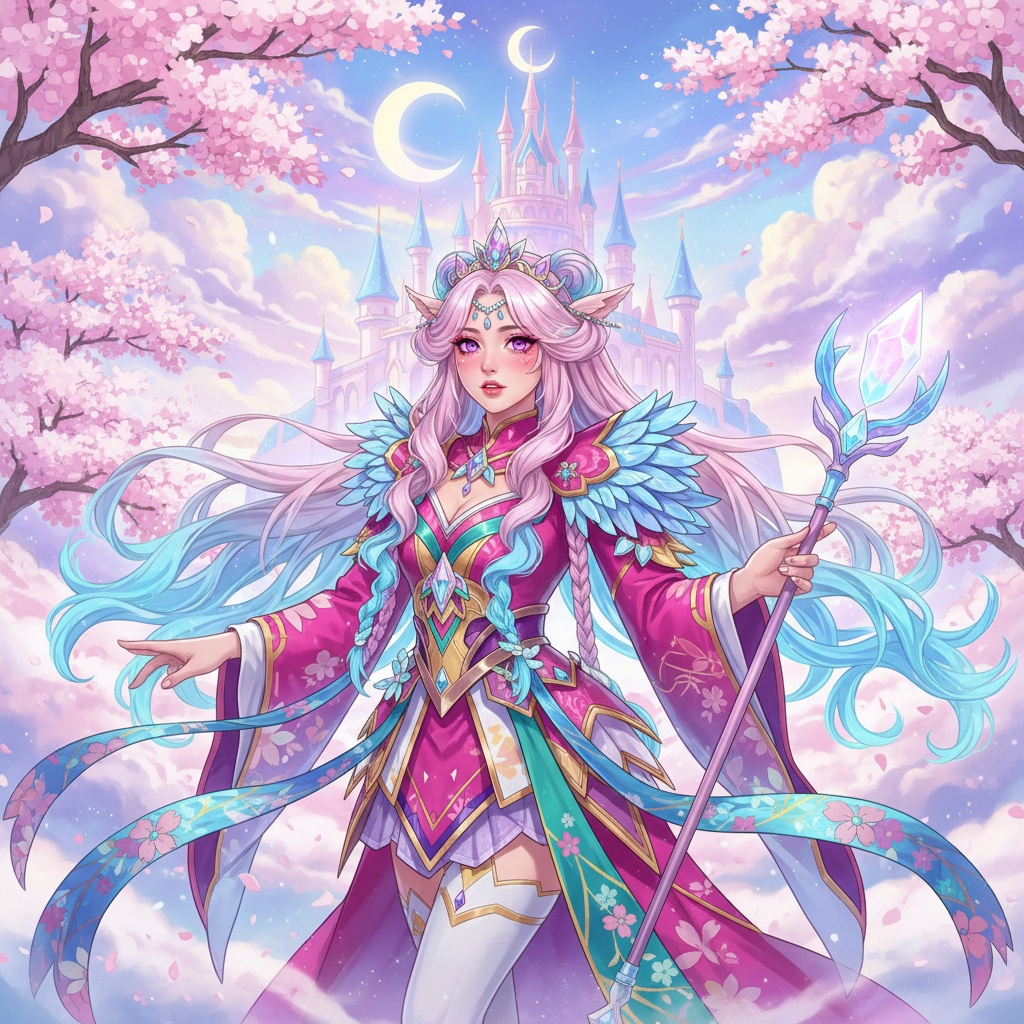 A stunning female model, Emily, aged 29, embodying an anime character in a hyper-realistic setting. She sports elaborate, vibrant costumes that reflect the whimsical nature of anime, with intricate details and bright, fantastical colors. Her long, flowing hair changes shades from pastel pink to electric blue, styled in the signature exaggerated fashion of anime art. The background immerses her in a dreamy, animated landscape filled with cherry blossoms and whimsical clouds, enhancing the fantastical narrative of the shoot. This photograph firmly captures the essence of ROLE-PLAYING and HYPER-REALISTIC art, showcasing a realistic human portraying the flair and artistry of anime.