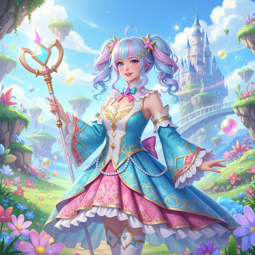 A young woman, Sarah, aged 23, ROLE-PLAYING as a beloved anime character. She is donned in intricately designed, vibrant cosplay attire featuring a flowing skirt and dramatic sleeves, styled to reflect the character's essence. The setting is a whimsical, animated backdrop with colorful scenery, creating an immersive atmosphere. Her hair is styled in playful, pastel colors, and her expression embodies the character's charisma and spirit. The lighting is bright and colorful, enhancing the magical and fantastical elements of the scene, while still capturing the realism of the model's features in a HYPER-REALISTIC manner.