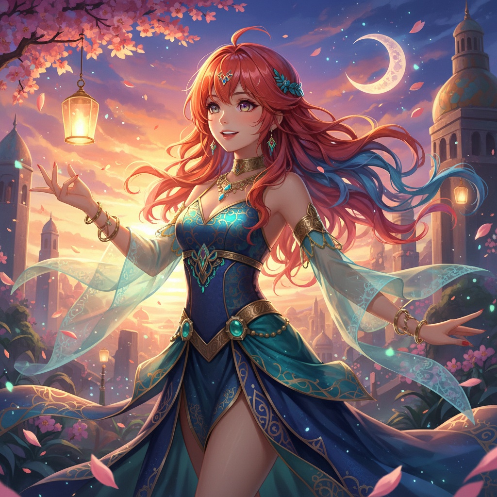 A young woman, Emily, aged 22, embodying an ARAB anime character in a hyper-realistic and vibrant portrayal. She wears an intricately designed costume featuring rich patterns and colors, with flowing elements that resemble ethereal fabric. Her long hair cascades in vivid shades, styled dramatically to accentuate her animated features. The background is inspired by a fantastical anime world, filled with whimsical elements like floating cherry blossoms and a bright sunset sky. The fusion of traditional and modern anime artistry captures the playful essence of the genre in a photorealistic style. ROLE-PLAYING, HYPER-REALISTIC.