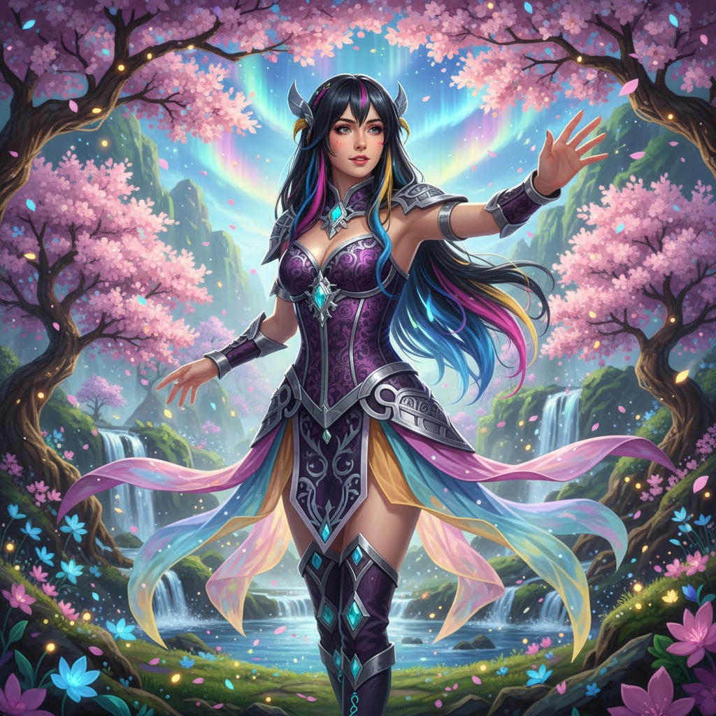 A young woman, Olivia, aged 25, ROLE-PLAYING as an anime character in a hyper-realistic setting. She has long, flowing black hair adorned with vibrant colored highlights, reflecting the whimsical style of anime. Her attire consists of a detailed, fantasy-inspired outfit featuring a fitted bodice with intricate patterns and a layered skirt. The backdrop features a mystical, colorful landscape filled with cherry blossom trees and sparkling lights, imbuing the scene with an otherworldly charm. The pose showcases her dynamic energy, with one hand dramatically extended forward, embodying the adventurous spirit of her character. This image captures the blend of realism and fantasy, appealing to both anime enthusiasts and fashion lovers.