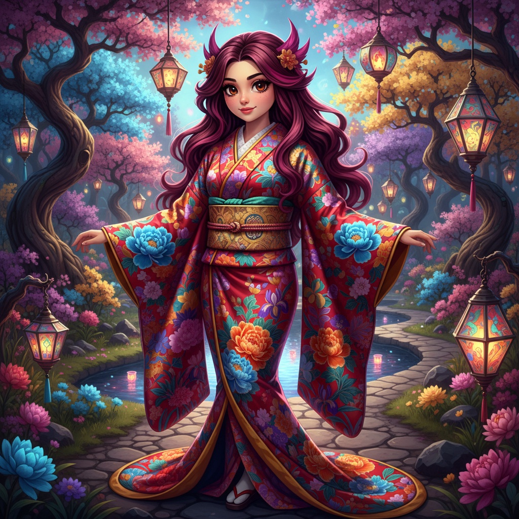 A young woman, Jane, aged 23, meticulously crafted as a realistic portrayal of an anime character with Middle Eastern features. She wears a vibrant, intricately designed kimono adorned with elaborate floral patterns and flowing sleeves. Her long, flowing hair is styled in dramatic waves, with elements that resemble anime hairstyles, complete with bright highlights. The setting is a surreal garden, filled with colorful cherry blossoms and fantastical lanterns, creating a dreamlike atmosphere. The colors are saturated, enhancing the vividness of her outfit and surroundings, encapsulating the enchanting essence of anime in a hyper-realistic capture. ROLE-PLAYING, HYPER-REALISTIC.