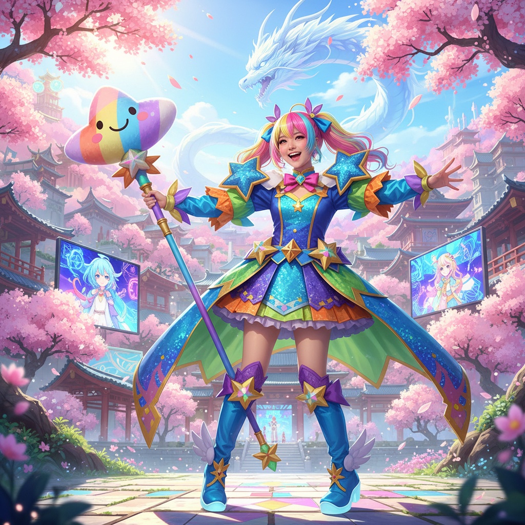 A young Asian woman, Emily, aged 29, engaging in a ROLE-PLAYING scenario as a beloved anime character. She wears a vibrant, intricately detailed costume complete with oversized, colorful accessories that capture the whimsy of the character. Her hair is styled in playful, colorful layers, and she embodies the character's energetic demeanor with a bright smile and dynamic pose. The background is a fantastical, stylized setting filled with iconic elements from anime culture, creating a vivid, hyper-realistic representation of a live-action anime world. Natural lighting brings out the vibrancy of her costume and accessories, enhancing the overall magical atmosphere.