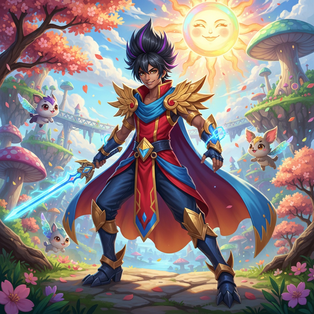 A young Indian male, aged 23, ROLE-PLAYING as an anime character, embodying the vibrant colors and whimsical designs characteristic of anime. He wears a detailed outfit inspired by popular anime styles, complete with exaggerated features and stylish accessories. His hair is styled in a gravity-defying fashion, and his expression conveys a blend of confidence and adventure. The background is a fantastical, digitally rendered setting that mirrors a colorful anime world, filled with playful elements and exaggerated proportions, fully immersing the viewer in this unique narrative. The lighting is bright and dynamic, enhancing the vivid colors of both the character's clothing and the enchanting environment. HYPER-REALISTIC.