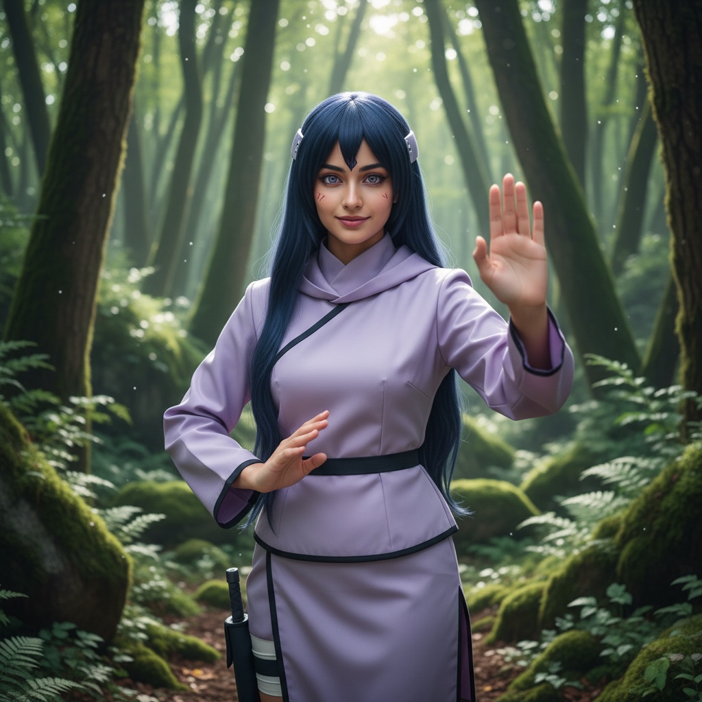 A 25-year-old female model, Jane, embodying the character Hinata Hyuga from Naruto in a hyper-realistic ROLE-PLAYING portrayal. She is dressed in a traditional lavender kunoichi outfit, complete with a hooded jacket and a fitted skirt that showcases her graceful form. Her long, dark hair flows elegantly around her, framing a serene expression influenced by Hinata's gentle demeanor. The setting features a lush forest backdrop, creating a serene atmosphere reminiscent of Hidden Leaf Village. Soft, dappled sunlight filters through the leaves, enhancing the ethereal quality of the scene, as Jane stands poised, one hand delicately raised, embodying both strength and grace. Her makeup is natural, emphasizing her Indian features in a striking way, blending cultural authenticity with the beloved character's essence.