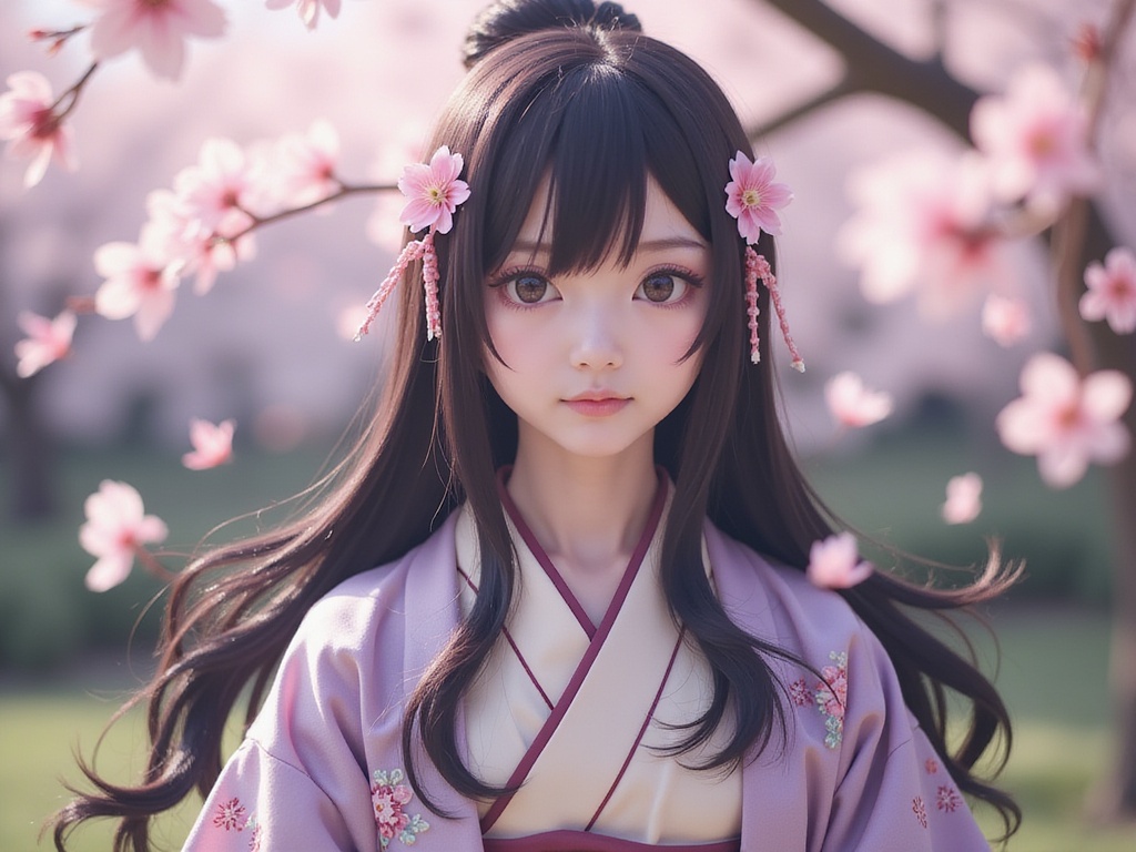 A 25-year-old female, Jane, ROLE-PLAYING as Hinata Hyuga, embodies the graceful strength of the beloved character from Naruto. She wears a beautifully crafted, layered kimono with intricate floral patterns in shades of lavender and cream, designed to reflect both tradition and elegance. Her long, dark hair cascades in soft waves, accentuated by delicate hairpins that feature sakura blossoms. The setting is an ethereal, softly lit Japanese garden, where cherry blossoms gently fall, enveloping her in a dreamy ambiance. Her expression is serene, portraying Hinata's gentle spirit while exhibiting a quiet confidence. The image captures the essence of cultural richness and character depth, merging realism with the enchanting world of anime, and is shot with a shallow depth of field to emphasize her featured beauty against the lush background.