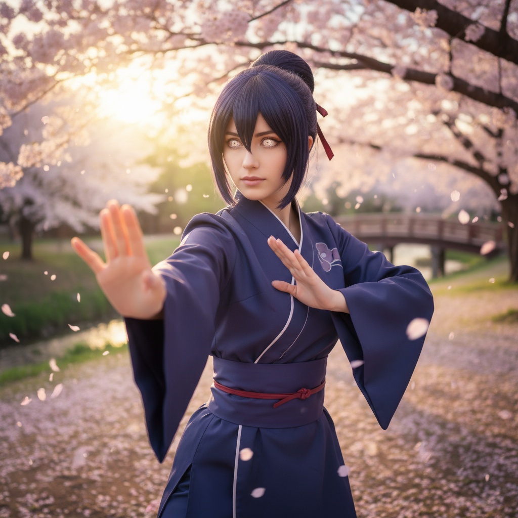 A 28-year-old woman, Sarah, ROLE-PLAYING as Hinata Hyuga, exuding grace and strength from the renowned anime series. She is depicted in a hyper-realistic style, wearing a traditional kunoichi outfit with dark blue hues, adorned with gentle lavender accents. With her dark hair styled into a high bun, wisps frame her face, lending softness to her determined expression. The setting is a tranquil cherry blossom grove, with petals softly falling around her, enhancing the serenity of the scene. The lighting is warm and ethereal, capturing an essence of both strength and tranquility. Her pose is dynamic yet elegant, standing with one hand extended, as if calling upon inner power, embodying Hinata's journey towards confidence.