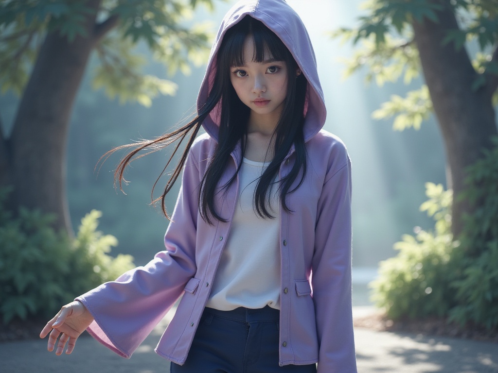 A 23-year-old female model, Emily, role-playing as Hinata Hyuga from Naruto, with Middle Eastern features. She wears a detailed imitation of Hinata's signature outfit: a lavender hooded jacket over a white shirt, paired with navy blue pants. Her long dark hair is styled in a character-accurate look, cascading elegantly over her shoulders. Emily strikes a graceful pose that embodies Hinata's gentle spirit, with soft expressions that convey both shyness and strength. The background features a serene nature scene inspired by the Hidden Leaf Village, complete with ethereal lighting that adds a dreamlike quality to the image. This hyper-realistic portrayal captures the essence of the beloved character, channeling both her elegance and warrior spirit.