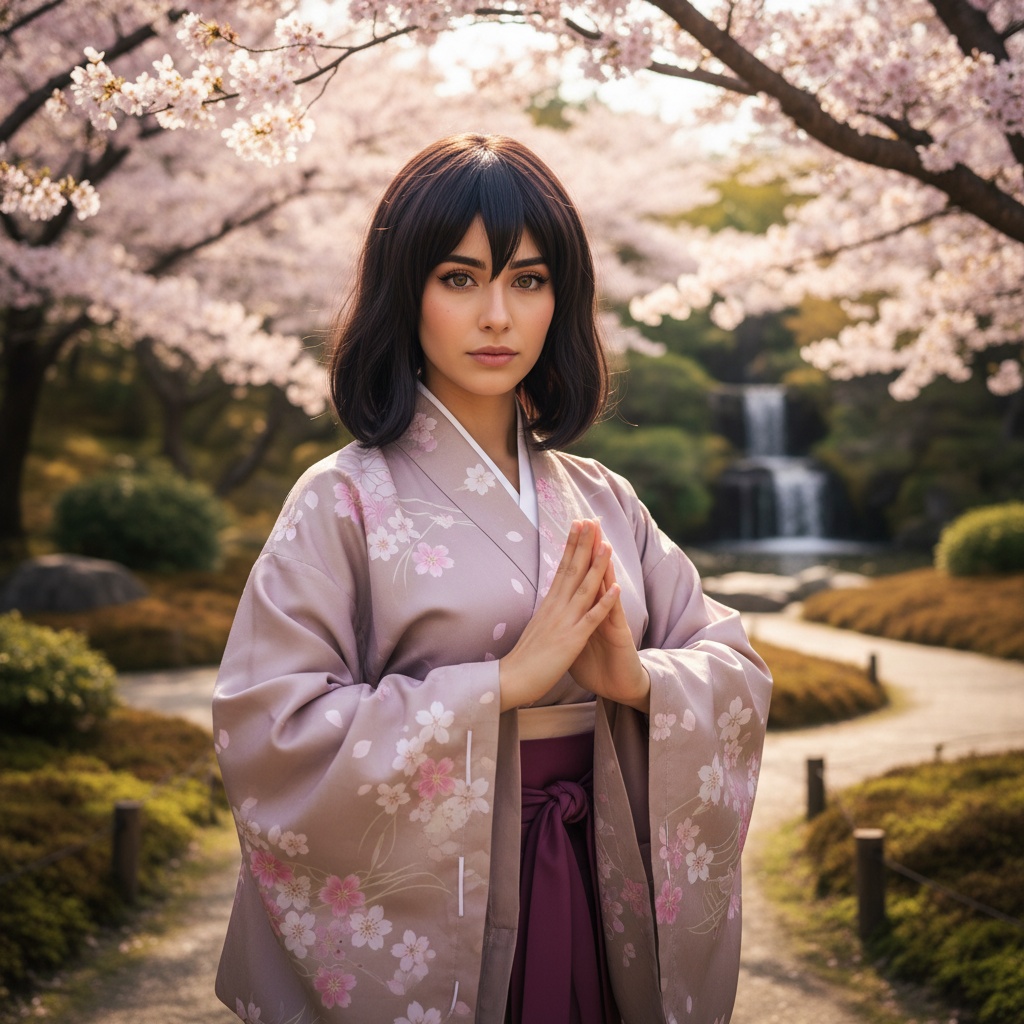 A 25-year-old Middle Eastern woman, embodying the character Hinata Hyuga from Naruto, role-playing in a hyper-realistic setting. She wears a delicate lavender and cream kimono-inspired outfit, adorned with cherry blossom motifs, complements her graceful figure. Her dark hair flows softly past her shoulders, framing a serene and determined face, with gentle, expressive eyes and subtle makeup enhancing her natural beauty. The background is a tranquil Japanese-inspired garden, featuring cherry blossoms in full bloom, creating a harmonious, ethereal atmosphere. The lighting is softly diffused, casting a magical glow on the scene, evoking an aura of peace and strength. ROLE-PLAYING, HYPER-REALISTIC.
