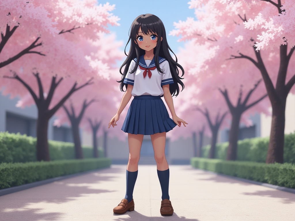 A hyper-realistic portrait of a 22-year-old black woman, Jane, role-playing as Hinata Hyuga. She has long, dark hair styled in loose waves, and striking blue eyes. Her makeup is natural and fresh, with a soft pink lip color. She is wearing a white and blue school uniform with a pleated skirt, knee-high socks, and brown loafers. The background is a simple, bright setting reminiscent of a school courtyard with cherry blossom trees in full bloom, capturing the essence of the character in a realistic and detailed manner.