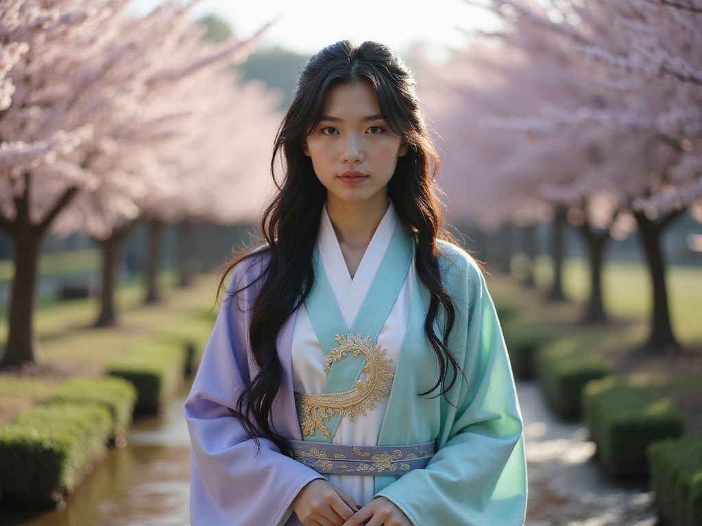 A 23-year-old female, Jane, embodying the character Hinata Hyuga in a hyper-realistic portrayal. She stands in a serene Japanese-inspired garden, wearing a traditional kunoichi outfit that blends delicate teal and lavender hues, accentuated with intricate gold embroidery. Her long, dark hair flows gently over her shoulders, creating a soft frame around her face, which features delicate makeup that highlights her almond-shaped eyes. The setting includes cherry blossom trees in full bloom and a gently flowing stream, enhancing the tranquil atmosphere. The composition captures both the strength and grace of Hinata, with dynamic poses and gentle, yet determined body language. The lighting is soft, mimicking a golden hour glow, creating an ethereal ambiance that encapsulates the character's spirit. This image strikes a balance between cultural depth and character portrayal, inviting viewers into this enchanting world.