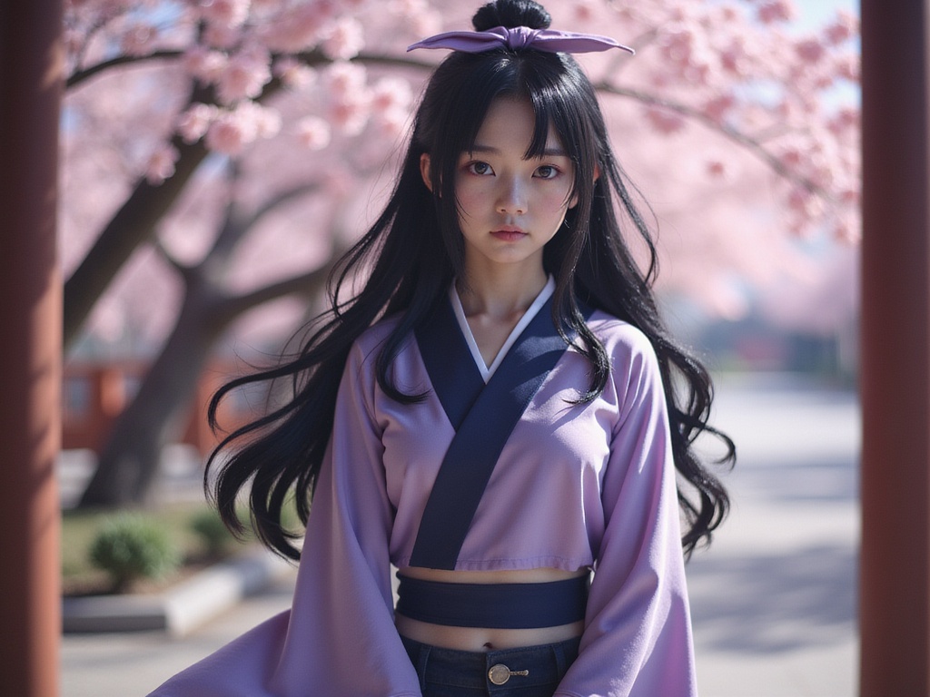 A realistic female model, Jane, aged 27, portraying Hinata Hyuga from the anime series Naruto. She embodies the gentle strength of the character, dressed in a traditional lavender and navy blue ninja outfit, featuring a high-collared jacket and dark pants. Her long, dark hair cascades in loose waves, adorned with a soft headband. The setting includes a serene, cherry blossom-filled environment, enhancing the character's essence. The lighting creates a soft glow, highlighting her delicate features. Jane's expression is a blend of determination and calm, evoking Hinata’s inner strength, while subtle Japanese architectural elements frame the scene. This role-playing portrayal intentionally captures the spirit of Hinata in a hyper-realistic manner, emphasizing grace and tenacity.