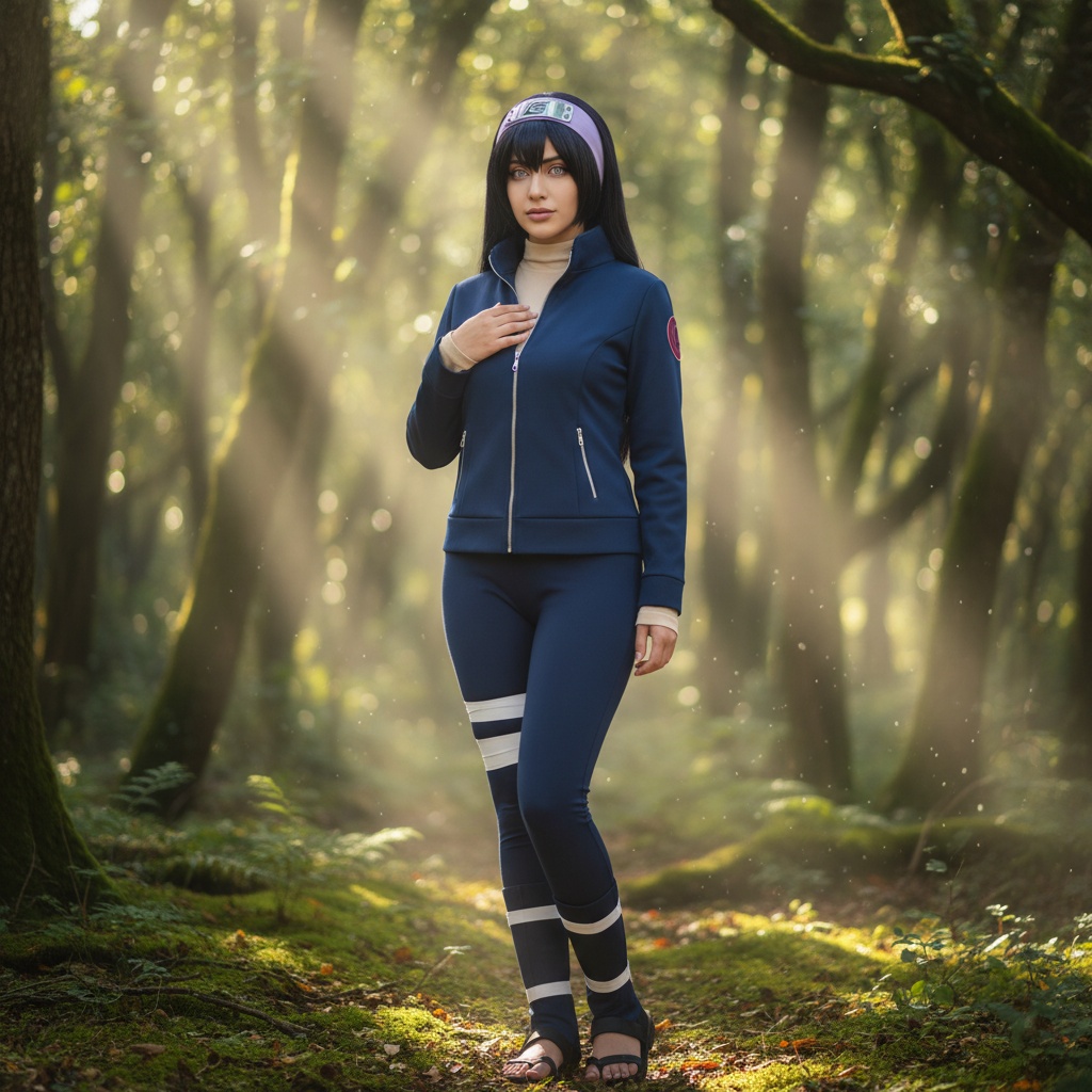 A realistic young woman, Sarah, aged 24, beautifully embodying Hinata Hyuga from the anime Naruto. She has a Latin complexion with long, dark hair styled in Hinata's signature style, adorned with a lavender headband. Wearing a tailored, dark blue jacket layered over a beige top, complemented by navy leggings and ninja sandals, she poses in a serene forest setting, evoking the essence of Hinata's gentle strength and determination. The atmosphere feels enchanting, with soft sunlight filtering through the trees, casting dappled shadows around her, creating a magical, yet grounded interpretation of her character. The overall composition is hyper-realistic, capturing the delicate balance between fantasy and real-life character portrayal.