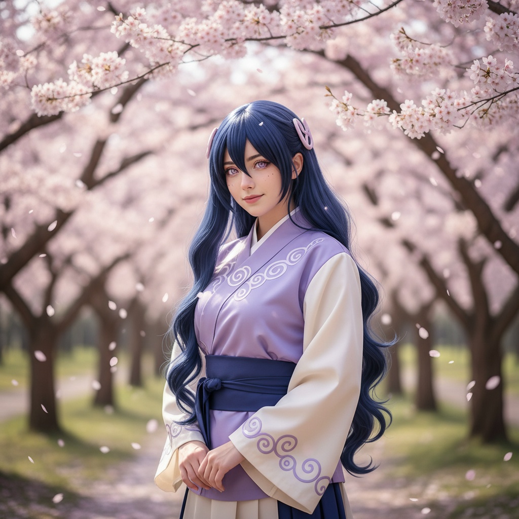 A 24-year-old woman, Jane, embodying the character Hinata Hyuga with authenticity and grace. She is depicted as a realistic portrayal of the beloved character, wearing a traditional lavender and cream ensemble with intricate patterns and flowing fabrics that parallel Hinata's signature look. Her long, dark hair cascades in soft waves, and her gentle expression conveys a blend of strength and shyness. The setting features a serene, blossoming cherry blossom background, capturing the essence of a tranquil environment that resonates with Hinata's character. The scene is illuminated with soft, natural light, enhancing the ethereal quality of the moment, inviting viewers into a world of quiet elegance and cultural richness.