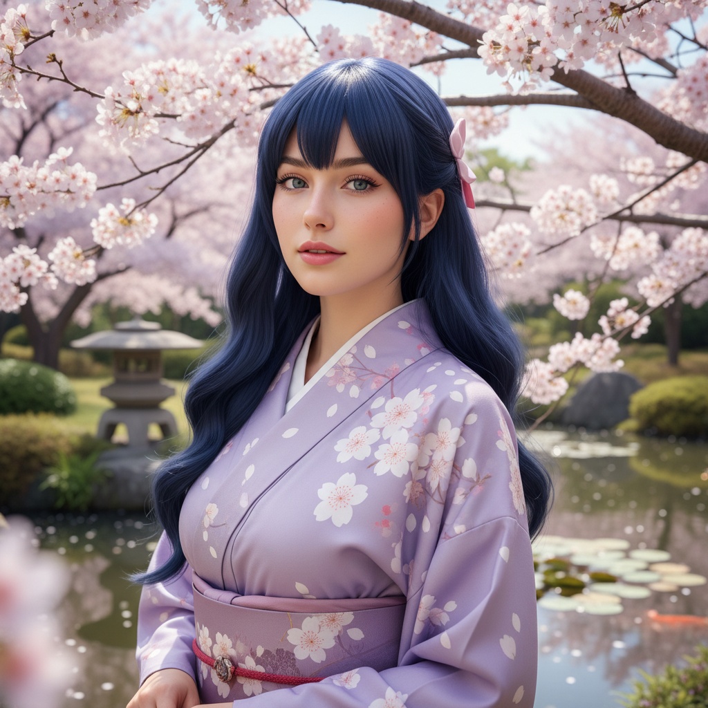 A 27-year-old woman, Sarah, embodying the character of Hinata Hyuga from Naruto, portrayed in a hyper-realistic style. She stands gracefully in a tranquil Japanese garden, surrounded by cherry blossom trees in full bloom. Dressed in a traditional lavender kimono, intricately patterned with cherry blossoms, she exudes an aura of serene strength. Her long, dark hair flows freely, accentuated by gentle waves, while her soft makeup echoes Hinata's natural beauty, featuring a subtle glow and delicate lashes. The lighting captures the soft pastel hues of the blossoms, creating a harmonious atmosphere that reflects her gentle yet determined spirit. The photograph showcases a narrative of transformation and empowerment, resonating with the essence of the character's journey. ROLE-PLAYING, HYPER-REALISTIC.