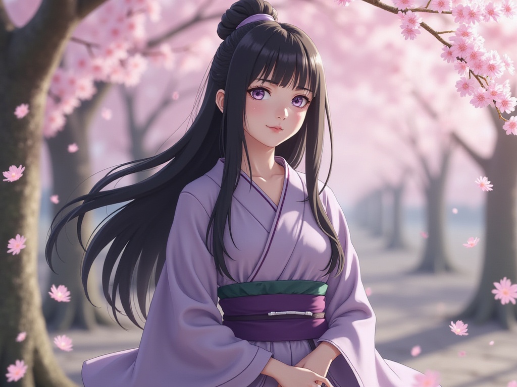 A 22-year-old female, Sarah, portrayed as Hinata Hyuga, dressed in a hyper-realistic, traditional Shinobi outfit featuring soft purples and grays, reminiscent of her character from Naruto. She stands gracefully in a serene outdoor setting, with cherry blossoms gently falling around her, capturing the essence of her gentle nature. Her long dark hair cascades down her shoulders, framing her delicate features, including expressive lavender eyes that convey both strength and vulnerability. The sunlight filters softly through the trees, creating a magical aura, bringing her character to life with stunning attention to detail and emotion. This image pays homage to her heritage, adding an Arabic accent to her features while maintaining the character's iconic look. The atmosphere feels both tranquil and powerful, embodying the essence of Hinata's journey.