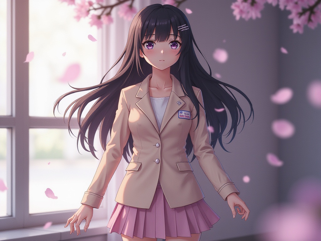 A 22-year-old Indian woman named Sarah, embodying the character Mai Sakurajima. She wears a stylish, pastel-hued school uniform with a pleated skirt and a fitted blazer, featuring delicate details like embroidered patches. Her long, dark hair flows elegantly, adorned with a subtle hairpin. The setting reflects the anime aesthetic, with soft bokeh background elements that evoke a dreamy atmosphere. Captured in a moment of contemplation, she gazes thoughtfully off-camera, her expression a blend of innocence and depth, while ethereal lighting highlights her features and enhances the tranquil ambiance of the scene. This photorealistic portrayal merges the whimsical essence of her character with a touch of contemporary fashion elegance.